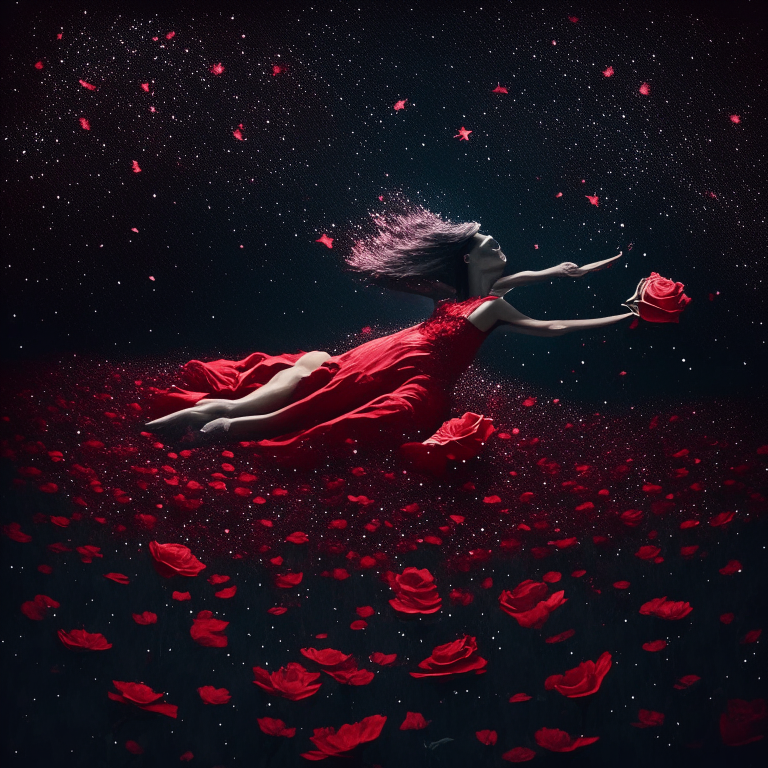 WOMAN LEVITATING ON RED PETAL ROSES  BED 
TO A DARK DEEP SKY AMONG  SHINNING STARS