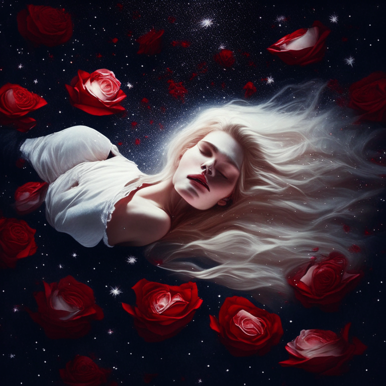 BEAUTIFUL BLOND WOMAN LAYING DOWN ON A BED RED PETAL ROSES  LEVITATING TO A DARK DEEP SKY AMONG WHITE SHINNING STARS