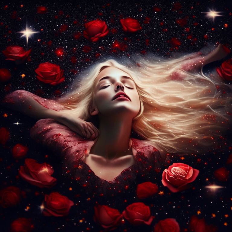 BEAUTIFUL BLOND WOMAN LAYING DOWN ON A BED  OF RED PETAL ROSES  HER BODY LEVITATING TO A DARK DEEP SKY AMONG WHITE SHINNING STARS AND HOLDING ON HER HANDS A GOLDEN STAR