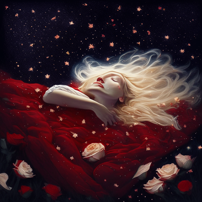 A BLOND WOMAN IS SLEEPING LAYING DOWN ON A BED OF RED PETAL ROSES  AND  LEVITATING TO A DARK DEEP SKY AMONG WHITE SHINNING STARS AND HOLDING ON HER HANDS A GOLDEN STAR