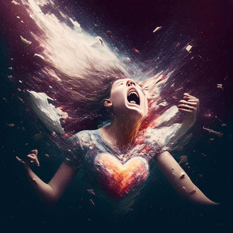 WOMAN LAVITATING ON SPACE TEARING UP HER HEART OUT
