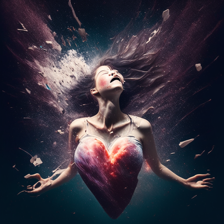 WOMAN LAVITATING ON SPACE TEARING UP HER HEART OUT THE BODY

