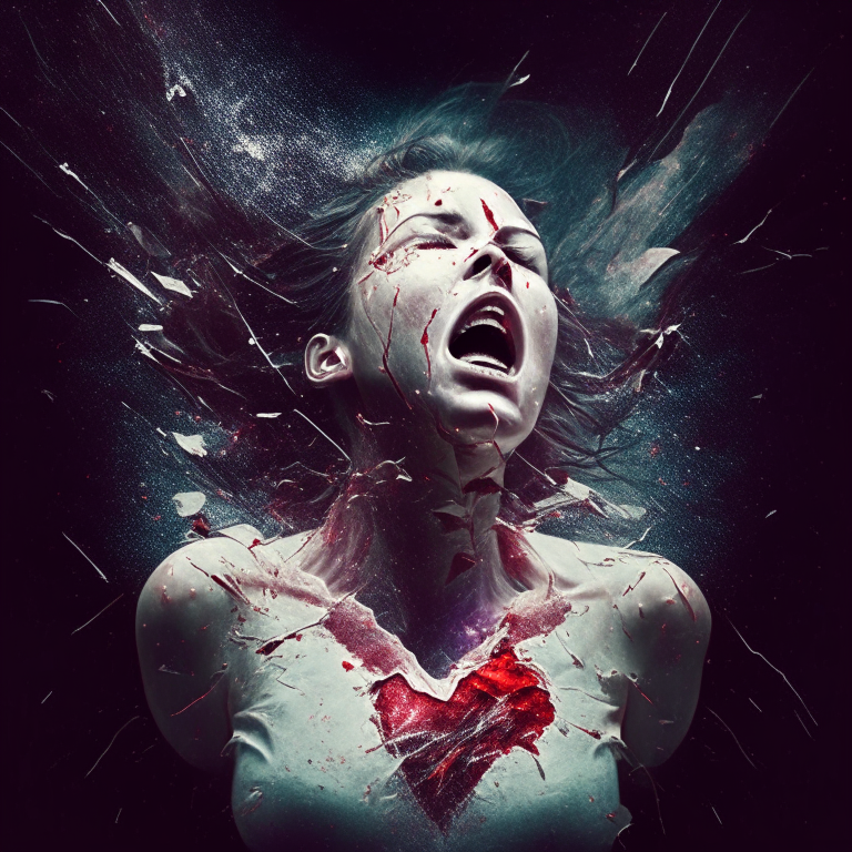 WOMAN CRYING  LAVITATING ON SPACE TEARING UP HER HEART OUT THE BODY

