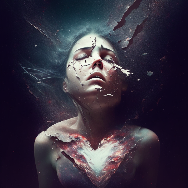 WOMAN WITH A TEAR LAVITATING ON SPACE TEARING UP HER HEART OUT THE BODY

