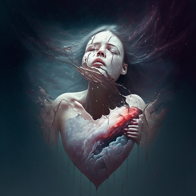 WOMAN WITH A TEAR LAVITATING ON SPACE TEARING UP HER  HUMAN HEART OUT THE BODY

