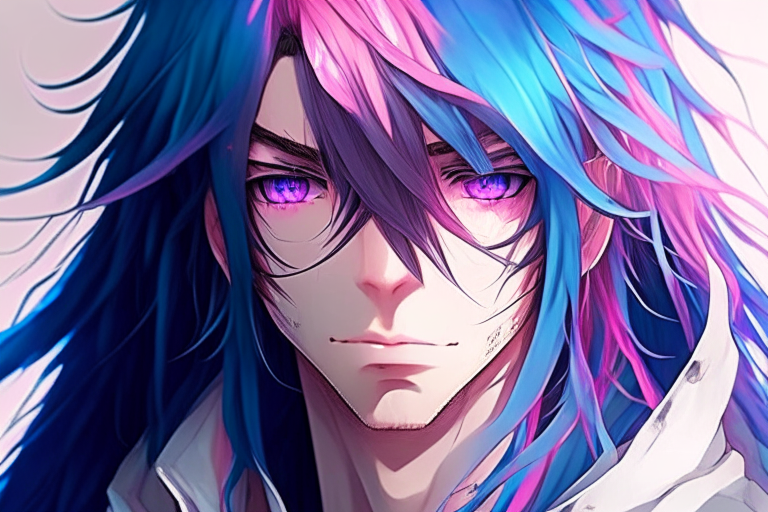 Handsome anime boy, with pink eyes and blue long hair and strong 