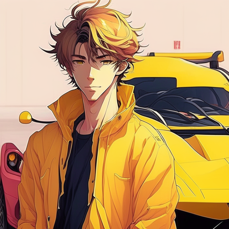 Handsome anime boys, with his yellow Ferrari 