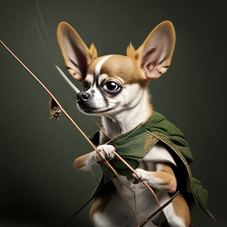 A chihuahua shooting a bow and arrow with precision and focus A chihuahua dressed as Robin Hood, shooting an arrow with a determined look on its face