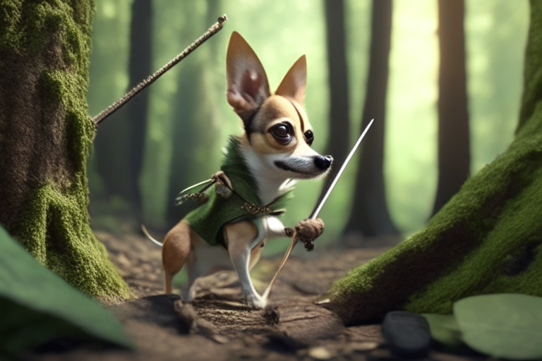 A Chihuahua dressed as Robin Hood shooting a bow and arrow in a forest, realism, octane render, 4k