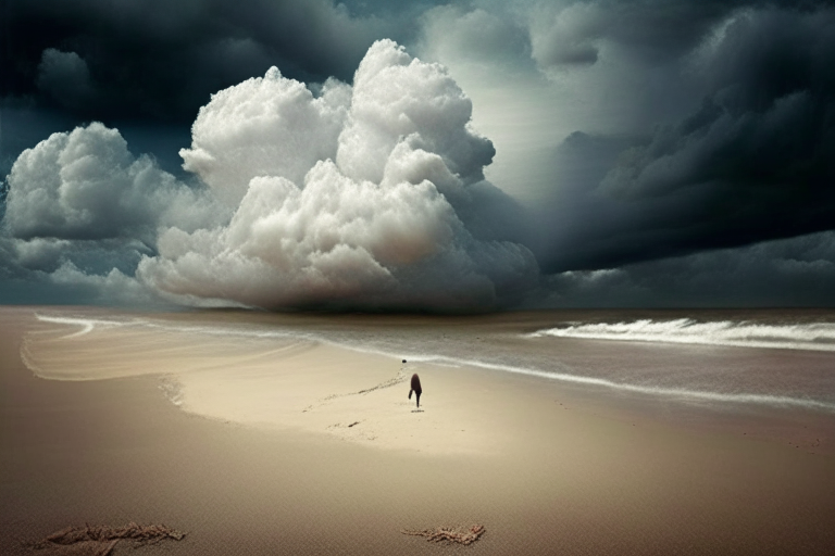 símbolos Pinyin en una playa con nubes de tormenta