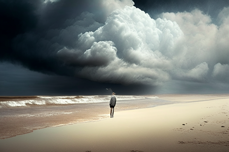 escritura Pinyin en la playa con nubes de tormenta