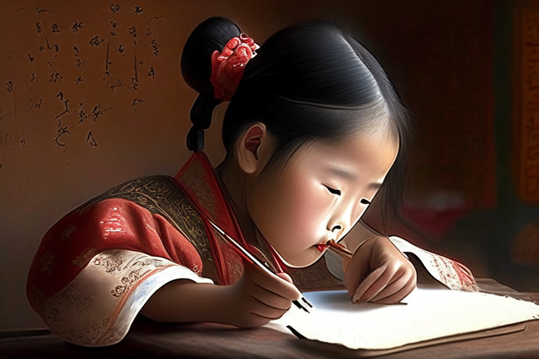 una niña china escribiendo chino