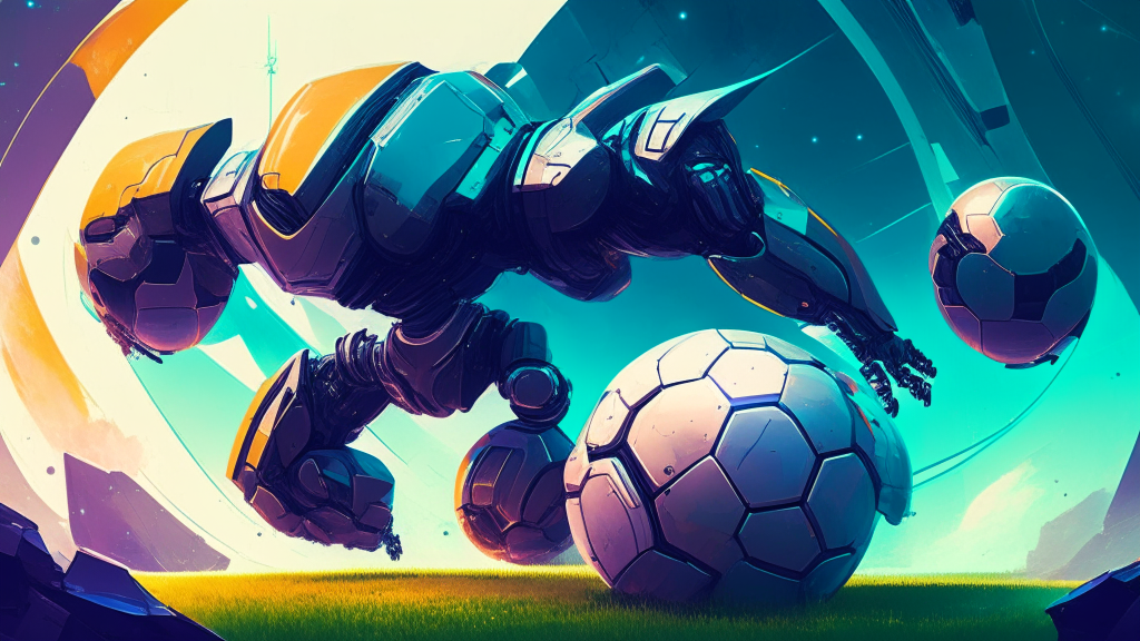 giant robots playing soccer with planets, their massive size and epic scale creating a sense of wonder and awe, with a futuristic, sci-fi style, bold, metallic colors and clean, sharp lines that emphasize the robots' futuristic design