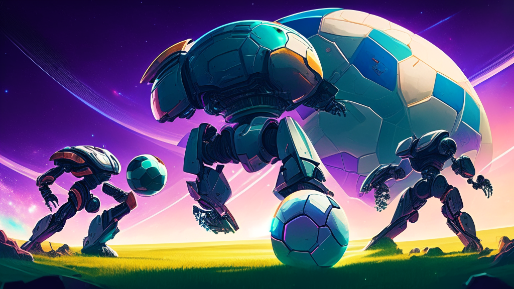 giant robots playing soccer with planets, their massive size and epic scale creating a sense of wonder and awe, with a futuristic, sci-fi style, bold, metallic colors and clean, sharp lines that emphasize the robots' futuristic design, with the backdrop of a stunning, intergalactic vista, with stars and galaxies stretching out to the horizon