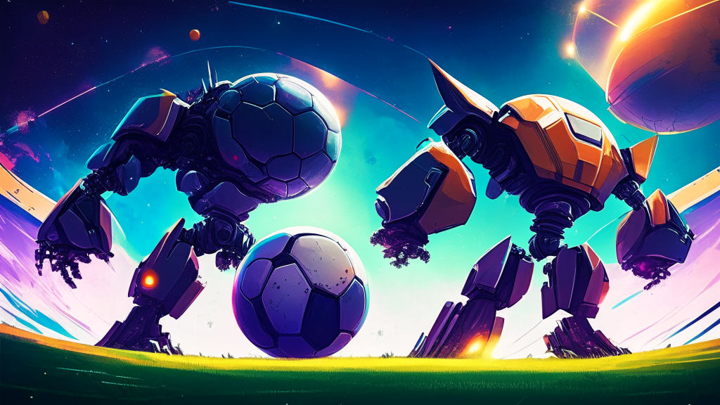 giant robots playing soccer with planets, their massive size and epic scale creating a sense of wonder and awe, with a futuristic, sci-fi style, bold, metallic colors and clean, sharp lines that emphasize the robots' futuristic design, with the backdrop of a stunning, intergalactic vista, with stars and galaxies stretching out to the horizon, the robots kicking a massive, glowing planet between them, their movements fluid and graceful despite their immense size, the planets themselves are enormous, dwarfing the robots with their massive size and radiant glow