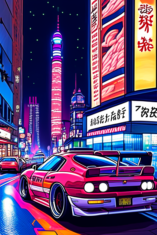 A RED Mazada RX7 and White Nissan GTR in Tokyo NIGHT city
