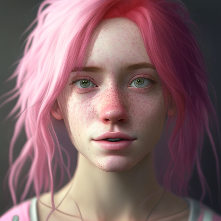"A very realistic girl, completely beautiful, pink hair, a few freckles, and wearing her own transparent clothes, very accurate details, no distortion, accurate HD realism"