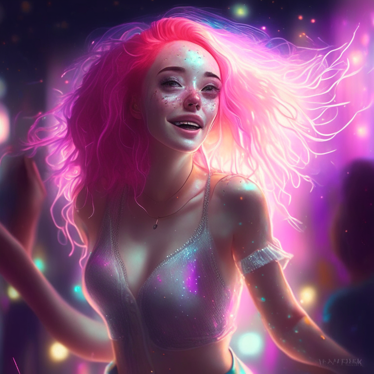 Imagine with me a very realistic girl, completely beautiful, with pink hair, a few freckles, and wearing transparent clothes, dancing in a disco with many colored lights, very accurate details, no distortion, high-resolution realism