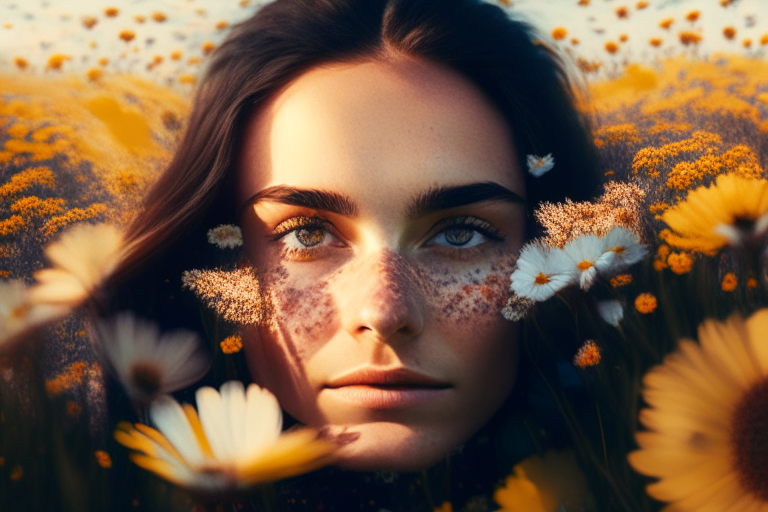 a woman's face with a field of flowers in the background with the flowers swaying in the wind