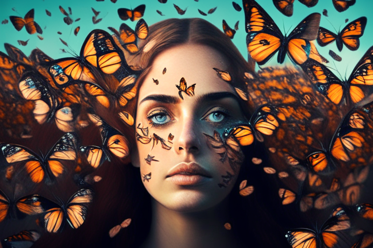 a field of butterflies with a woman's face in the background with the butterflies flying