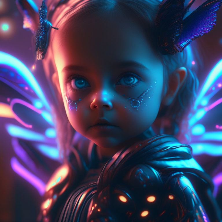 Create a beautiful little girl with a camera in an epic multiverse 8k neon dark room psychedelic futuristic cyberpunk city warrior camera butterflies oil glow style 1600s year 4000 exquisite detail huge lighting masterpiece 3d masterpiece 8k octane rendering, ray tracing, mixer, hyper detail