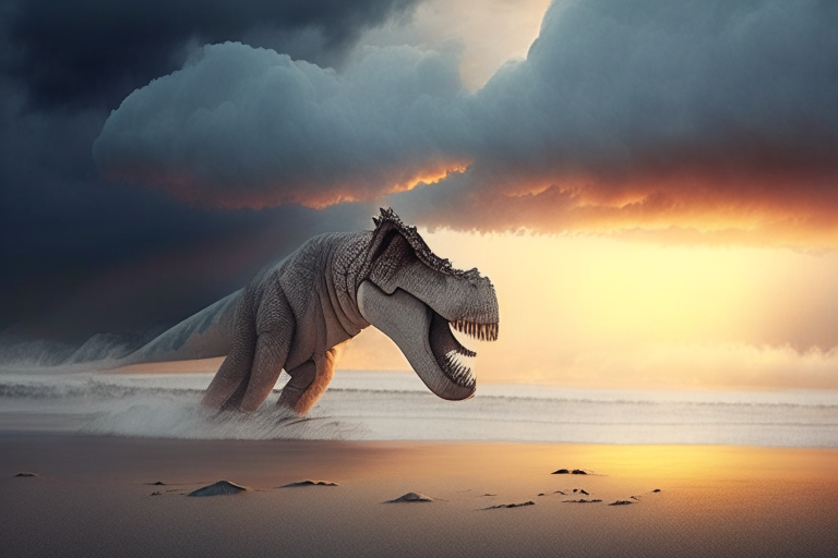 a dinosaur emerging from the white sand of a beach at sunrise with stormy clouds in the background