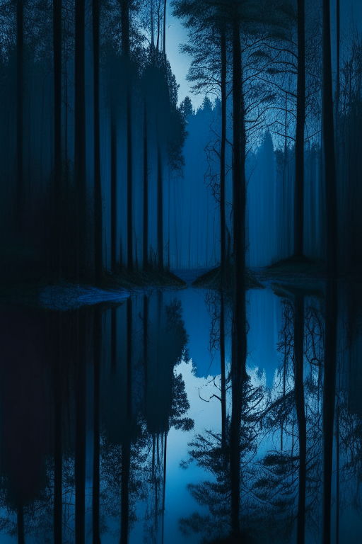 Forest near a river with reflection of forest and blue hour make it minimal