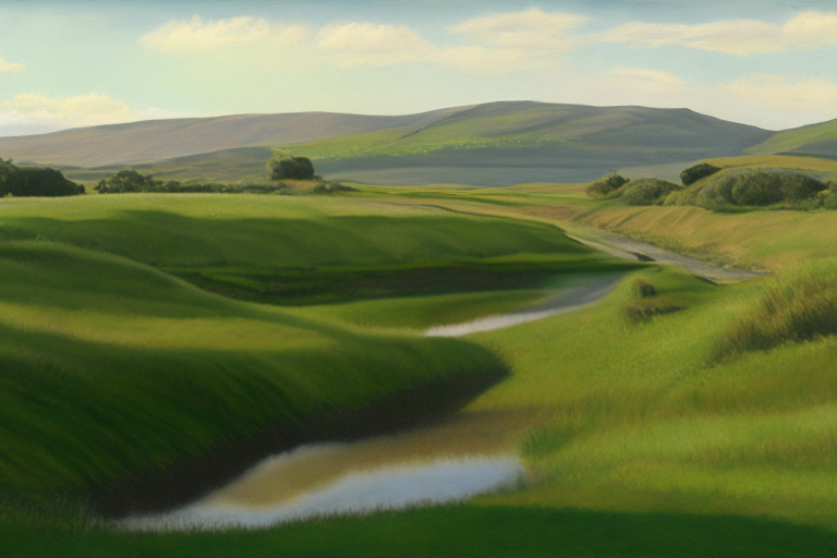 Rolling hills in the foreground, depicted using shades of green and brown. A small stream or pond reflects the colors of the sky.