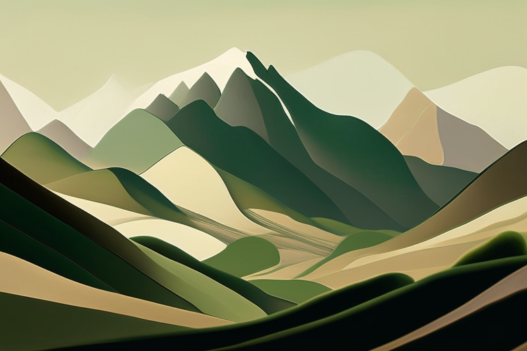 A mountain range in the distance, using gentle slopes and smooth curves to create a sense of harmony. The mountains are depicted using shades of green and brown.