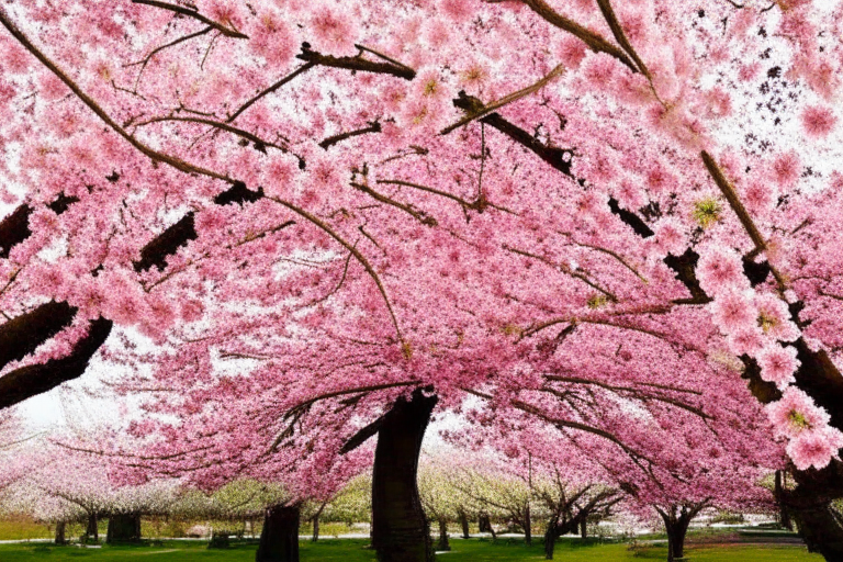 Cherry blossom trees or other flowering trees are added to the landscape, with delicate pink petals that gently float in the breeze.