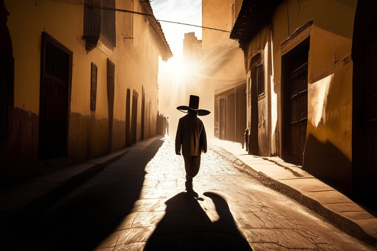 Un señor caminando en una calle empedrada en una ciudad antigua. El sol brilla en el cielo y las sombras de los edificios se proyectan en la calle.