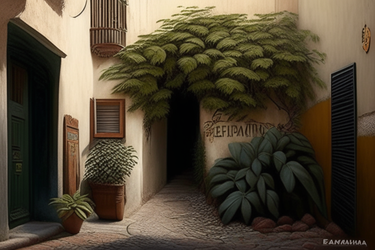 El señor camina por una calle estrecha y sombreada. Las paredes de los edificios están cubiertas de enredaderas y plantas.