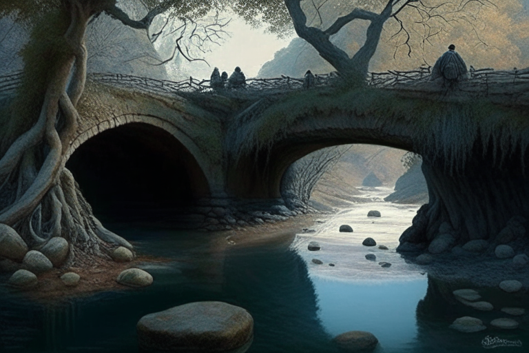 El señor camina por un puente de piedra antiguo que cruza un río. El agua fluye debajo de él y los árboles rodean el río.