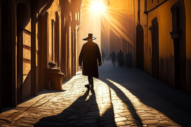A man walking down a cobblestone street in an old city. The sun is shining in the sky and the shadows of the buildings are cast on the street.