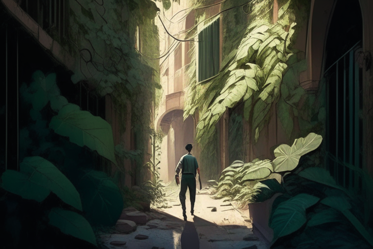 The man walks down a narrow, shaded street. The walls of the buildings are covered in vines and plants.