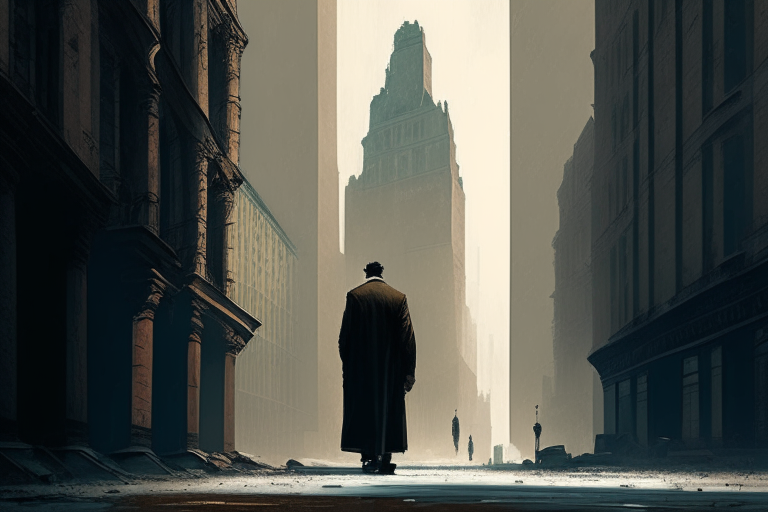 The man approaches a corner and turns right. Tall, old buildings surround him.