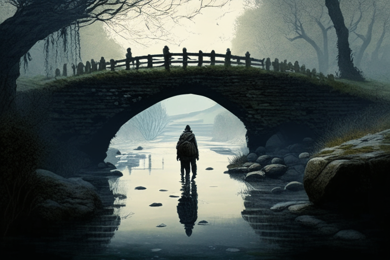 The man walks across an ancient stone bridge that crosses a river. The water flows beneath him and trees line the river.