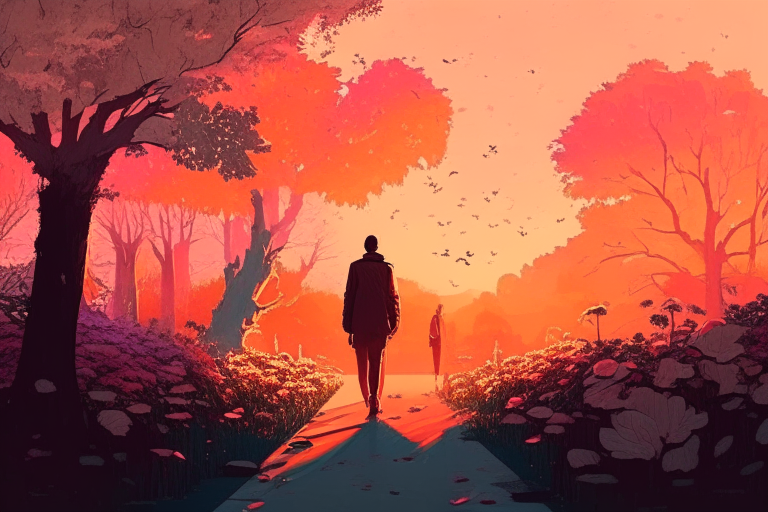 The man walks through a park filled with trees and flowers. The sun is setting behind him and the sky is a beautiful shade of orange and pink.