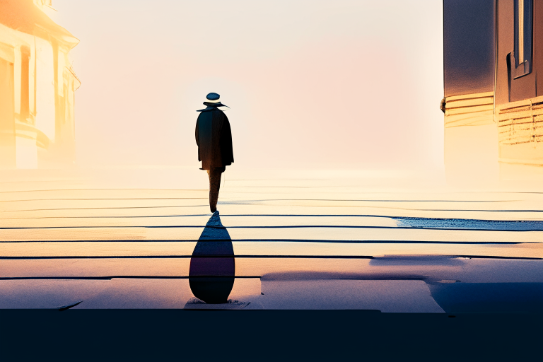 A man walking down a cobblestone street in an old city. The sun is shining in the sky and the shadows of the buildings are cast on the street.