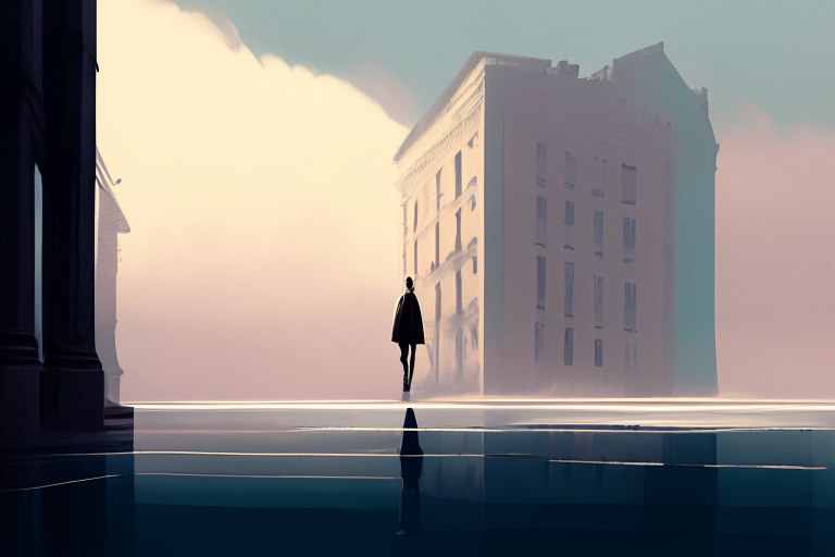 The man approaches a corner and turns right. Tall, old buildings surround him.