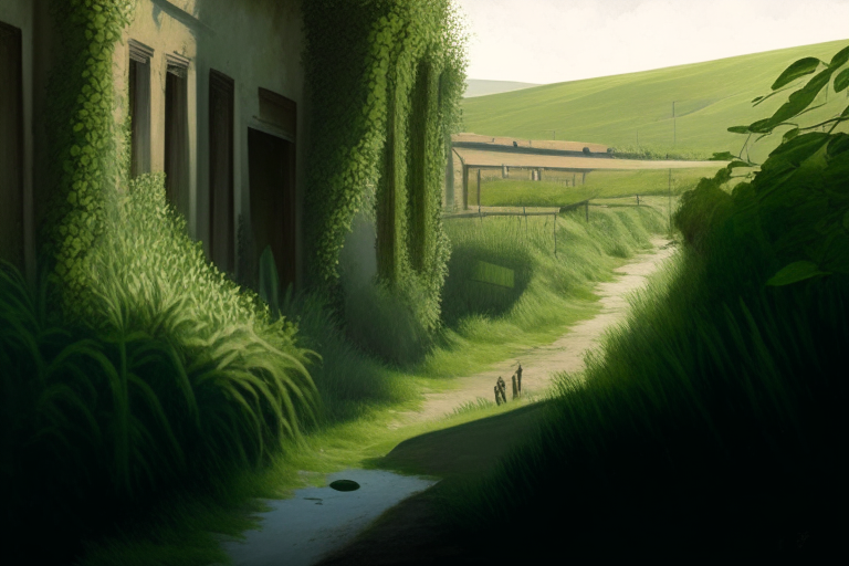 The man walks down a narrow, shaded street. The walls of the buildings are covered in vines and plants.