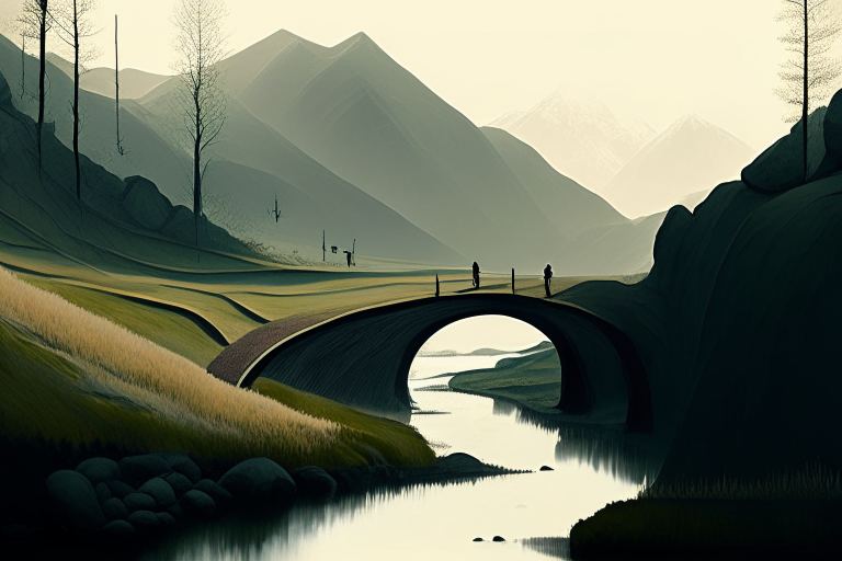 The man walks across an ancient stone bridge that crosses a river. The water flows beneath him and trees line the river.