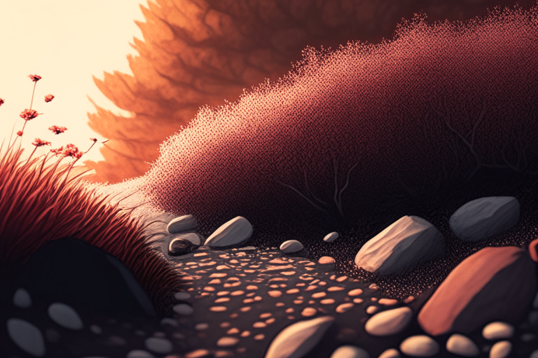 The man walks through a park filled with trees and flowers. The sun is setting behind him and the sky is a beautiful shade of orange and pink.