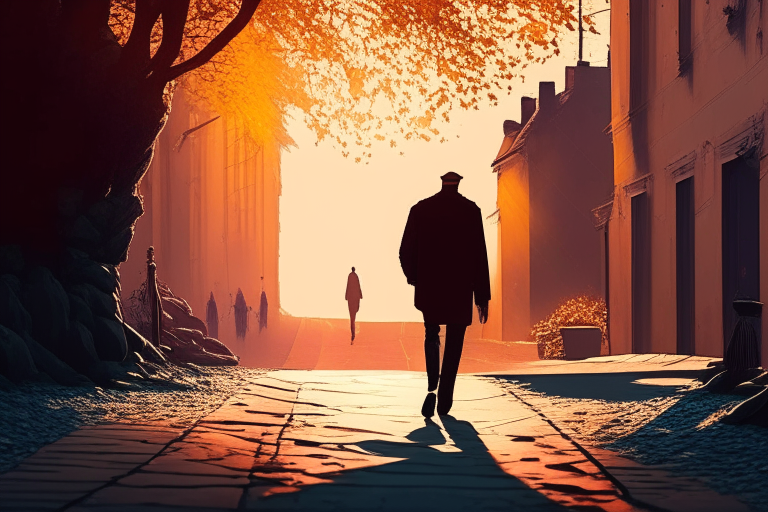 A man walking down a cobblestone street in an old city. The sun is shining in the sky and the shadows of the buildings are cast on the street.