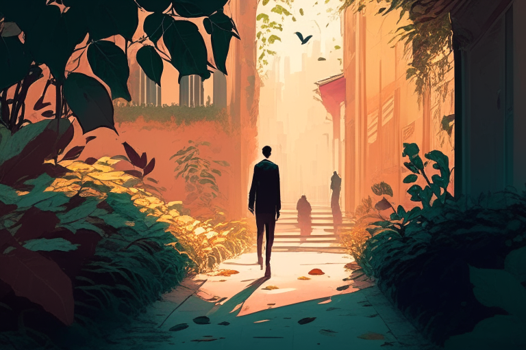 The man walks down a narrow, shaded street. The walls of the buildings are covered in vines and plants.
