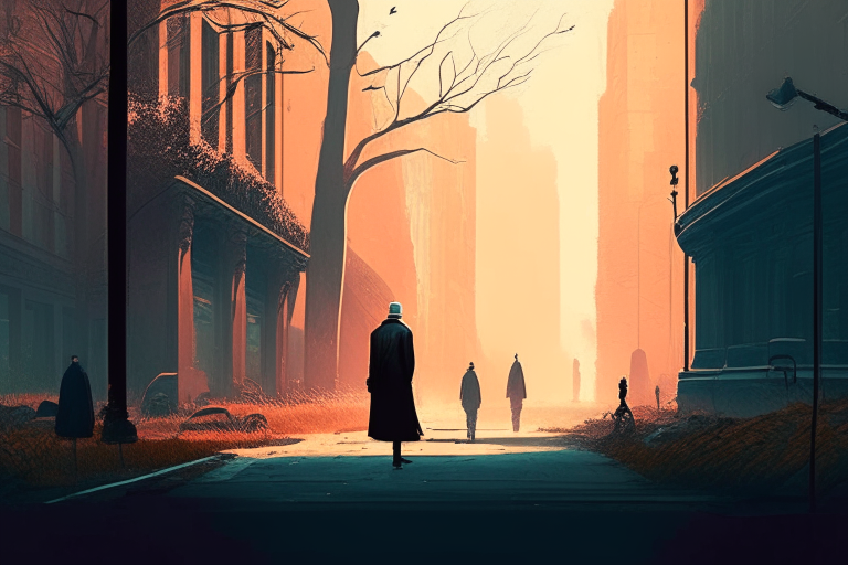 The man approaches a corner and turns right. Tall, old buildings surround him.
