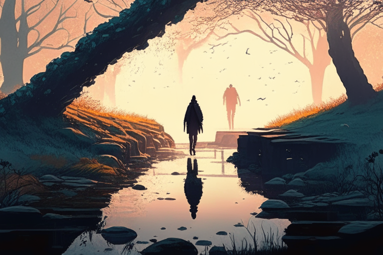 The man walks across an ancient stone bridge that crosses a river. The water flows beneath him and trees line the river.