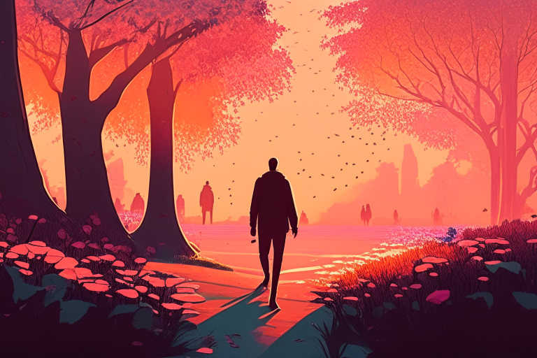 The man walks through a park filled with trees and flowers. The sun is setting behind him and the sky is a beautiful shade of orange and pink.