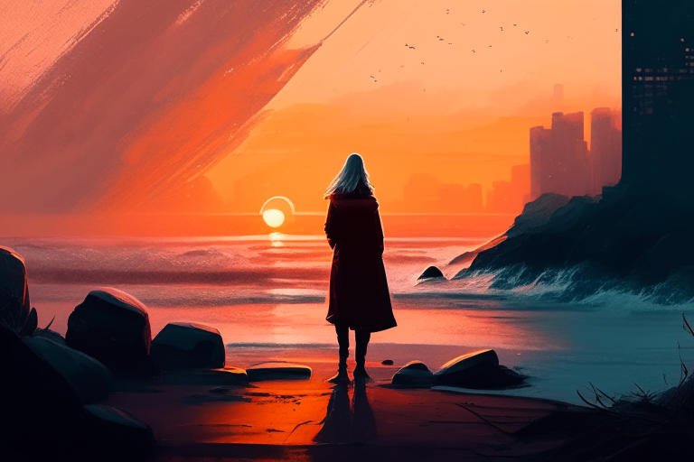 A woman standing on a rocky beach, looking out at the ocean. The sun is setting behind her and the sky is a beautiful shade of orange and pink.