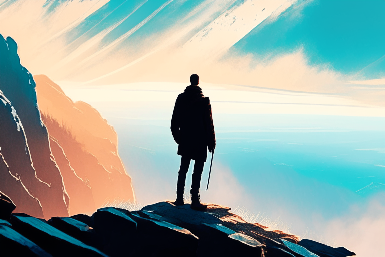 A man standing on a mountain peak, looking out at the view. The sky is clear and blue, and the sun is shining brightly.
